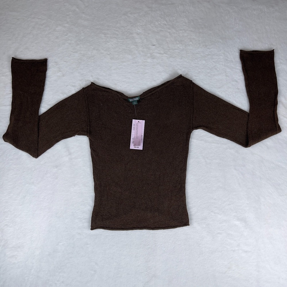 Wild Fable Sweater Women XS Dark Brown Bell Sleeves Sheer Boat Neck Pullover